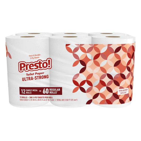 Amazon Brand - Presto! 2-Ply Ultra-Strong Toilet Paper, 12 Mega Rolls Toilet Paper = 60 regular rolls, 308 Sheet (Pack of 12), Unscented