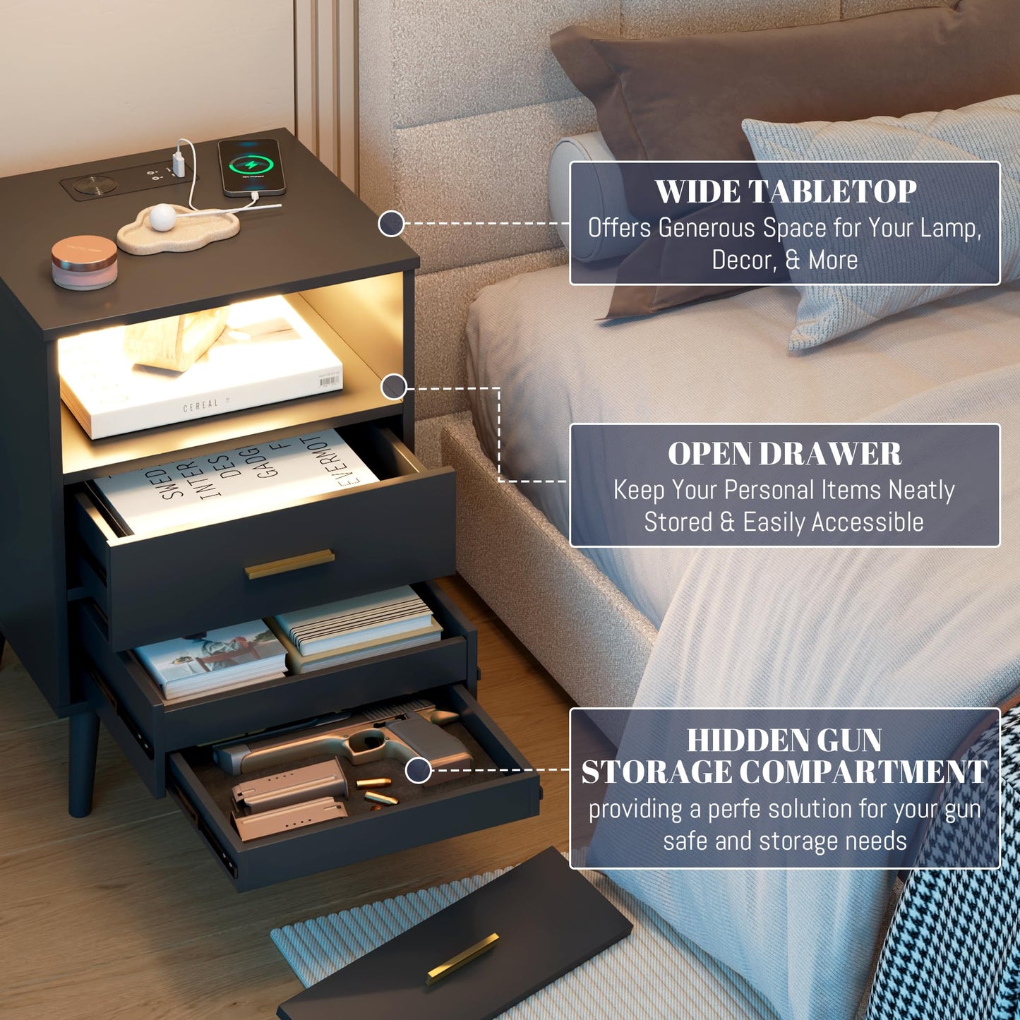 LVSOMT Black Nights Stand with Gun Drawer, Bedroom LED Nightstand with Charging Station, Bedside Table with Metal Legs, Wood Sofa Couch End Side Table