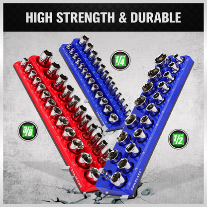 Magnetic Socket Organizer Set, 6PCS Socket Holder, 1/4", 3/8", 1/2" Sockets Holds 143 Pieces Magnetic Sockets Trays (Blue&red, 6 Pcs)