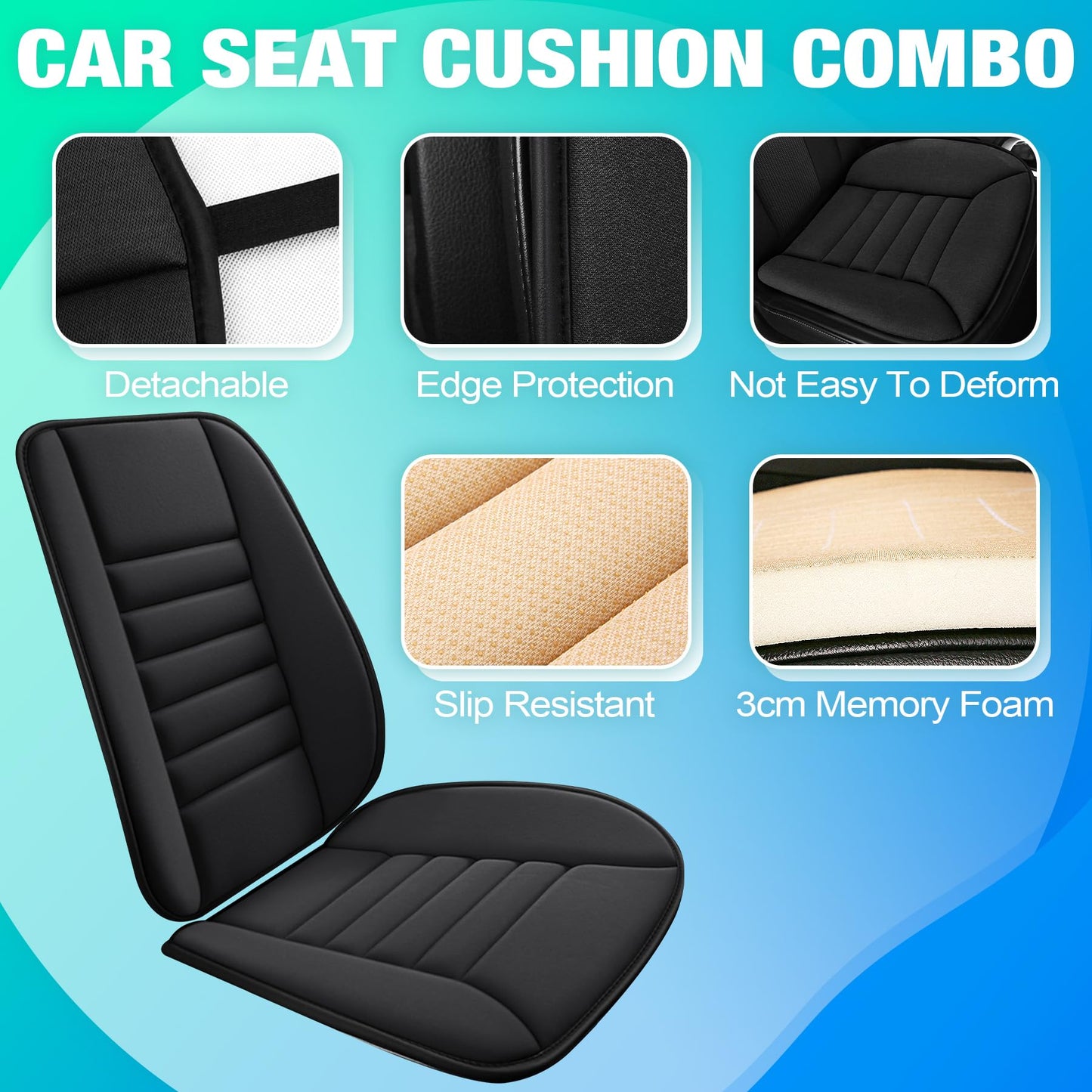 MYFAMIREA Car Seat Cushion and Back Support Pillow 1.2'' Thick Memory Foam Desk Chair Cushion Back Support for Automotive Seat Driver, Travel, Leg and Back Pain Relief, Washable, Adjustable, Black