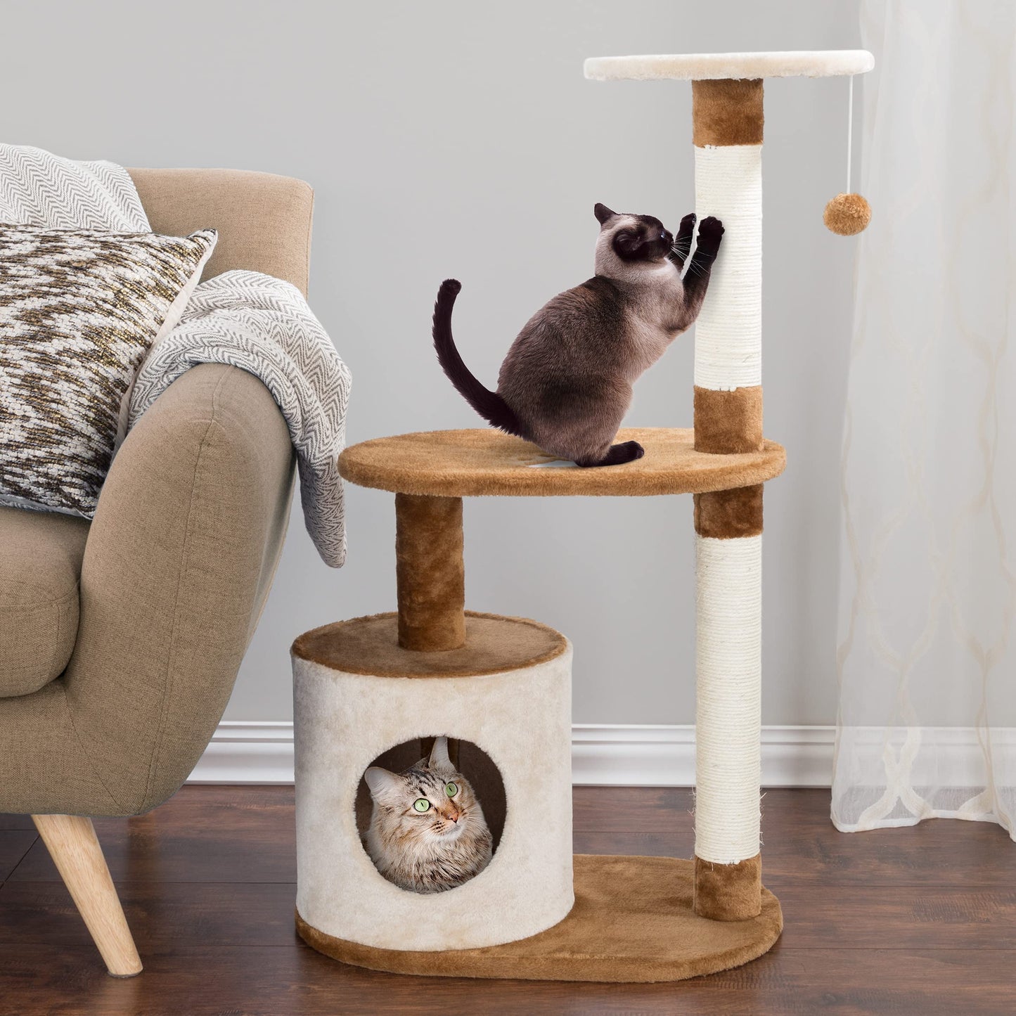 PETMAKER Cat Tree Condo 3 Tier with Condo and Scratching Posts, 37.5", Brown and Tan