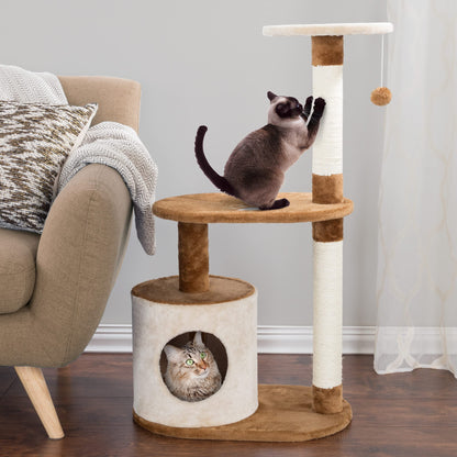 PETMAKER Cat Tree Condo 3 Tier with Condo and Scratching Posts, 37.5", Brown and Tan