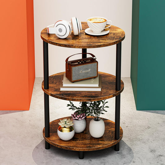 RISWER Small Round Side Table - 3-Tier Oval Accent Table for Small Spaces, Rustic Wood and Metal Couch End Table, Nightstand for Bedroom or End Table Living Room, Easy to Assemble, Rustic Brown