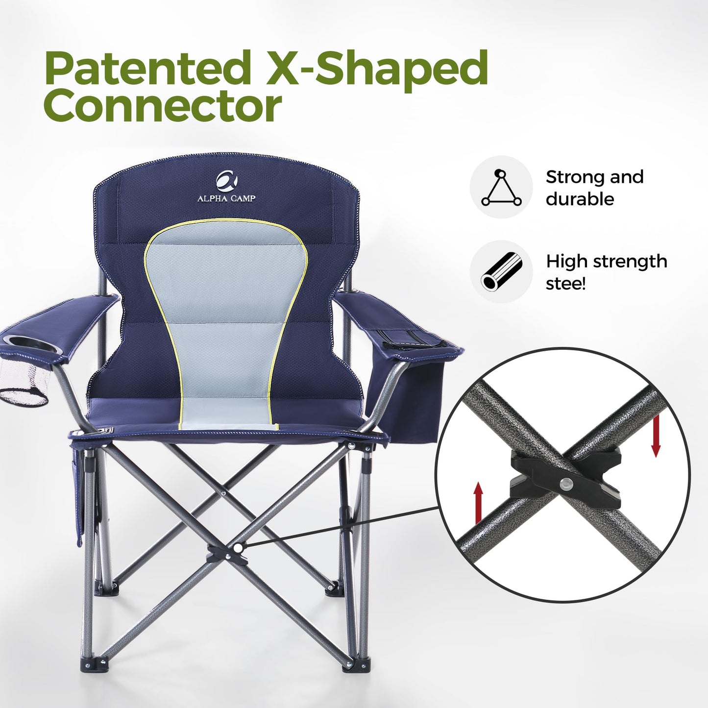 ALPHA CAMP Oversized Camping Chair Heavy Duty Lawn Chair with Cooler Bag Support 450 LBS Steel Frame Collapsible Padded Arm Folding Chair for Outdoor,Blue