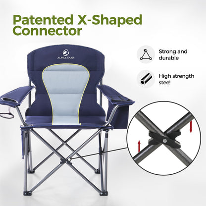 ALPHA CAMP Oversized Camping Chair Heavy Duty Lawn Chair with Cooler Bag Support 450 LBS Steel Frame Collapsible Padded Arm Folding Chair for Outdoor,Blue