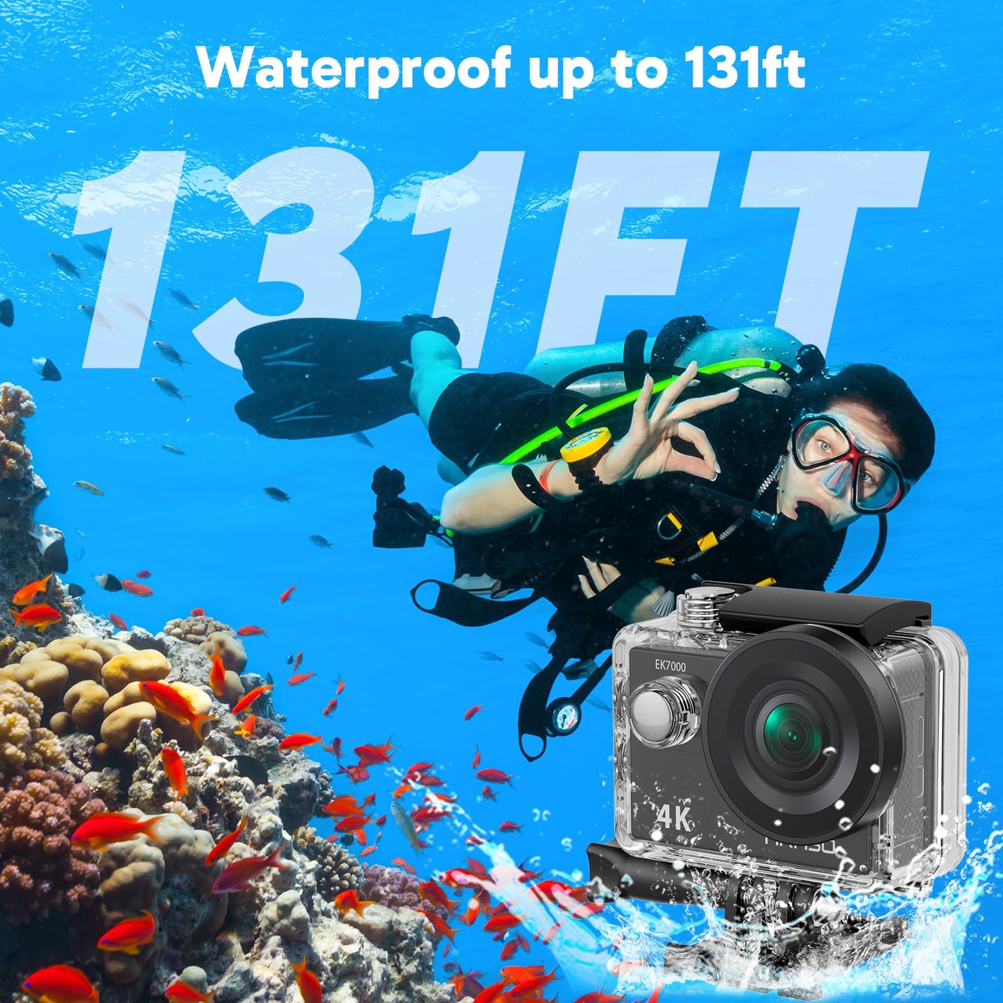 AKASO EK7000 4K30fps 20MP Action Camera EIS Ultra HD 131FT Waterproof Underwater Camera with Waterproof Floating Hand Grip Bundle and Carrying Case Helmet Accessories Kit Bundle