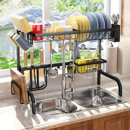 Over The Sink Dish Drying Rack, Adjustable (25.5 to 33.5 inch) 2 Tier Metal Steel Dish Drying Racks for Kitchen Counter with Hooks Paper Towel Utensil Cup Holder Sink Caddy (Black)