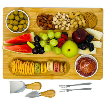 PandPal Bamboo Cheese Board with Knife, Bowl, Fork Set, Wood Charcuterie Platter & Food Serving Tray for Wine Glasses, Misoph Collection