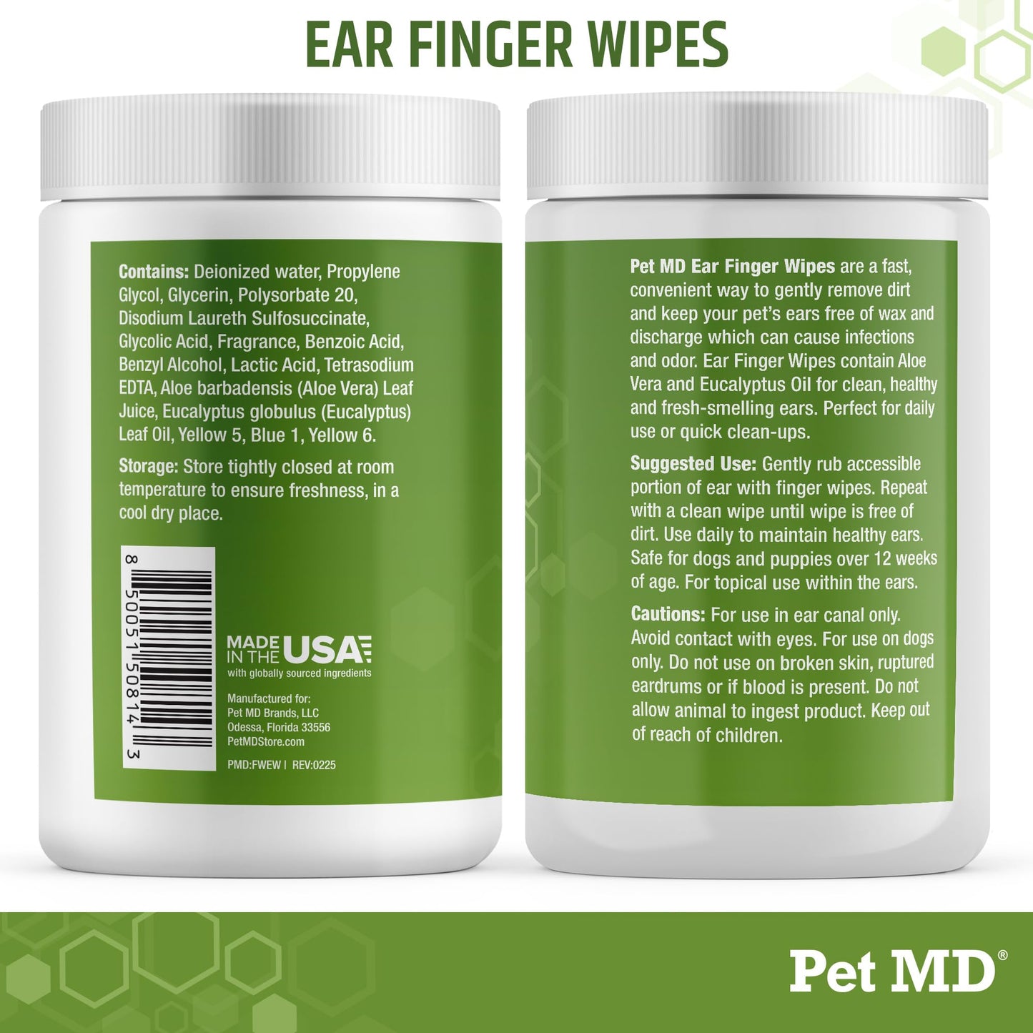 Pet MD Ear Finger Wipes for Dogs - Extra-Coverage and Large Design - with Eucalyptus and Aloe Vera for Dogs - Pet Ear Cleaning Finger Wipes & Puppy Ear Cleaner - 50ct