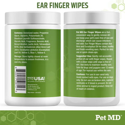 Pet MD Ear Finger Wipes for Dogs - Extra-Coverage and Large Design - with Eucalyptus and Aloe Vera for Dogs - Pet Ear Cleaning Finger Wipes & Puppy Ear Cleaner - 50ct