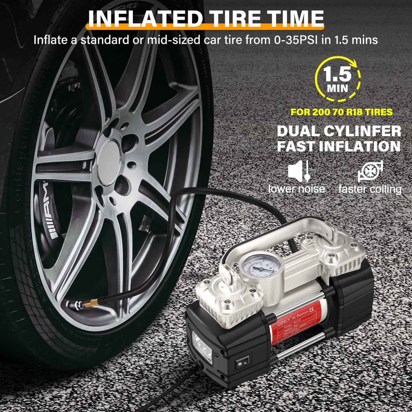 GSPSCN Silver Dual Cylinder 12V Air Compressor Pump for Car, Heavy Duty Portable Tire Inflator 150PSI with LED Work Lights for Auto,Truck,SUV, RV,Balls etc