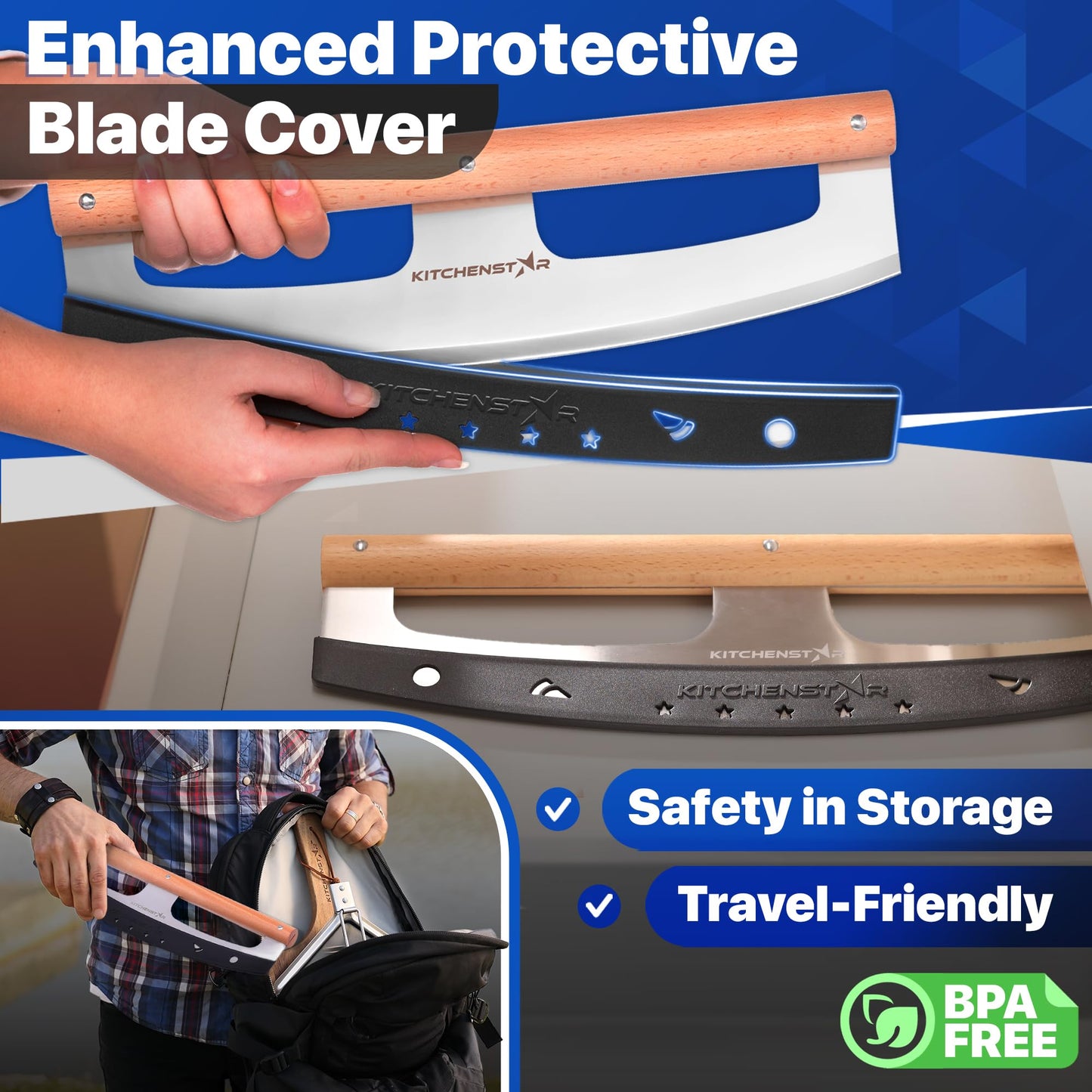 KitchenStar 16-Inch Pizza Cutter Rocker Blade - Razor Sharp Stainless Steel Slicer Knife, Stylish Beech Wood Handle, Protective Cover - Professional Pizza Oven Accessories, Silver