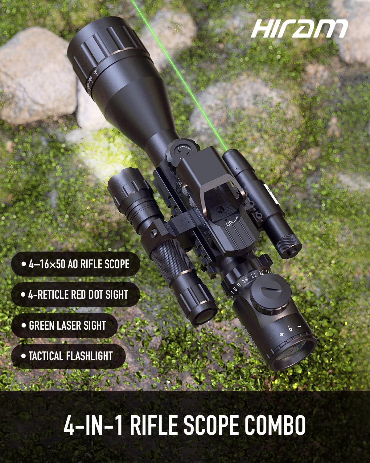 HIRAM 4-16x50 AO Rifle Scope Combo with Green Laser, Reflex Sight, and 5 Brightness Modes Flashlight