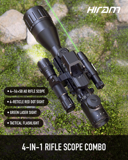 HIRAM 4-16x50 AO Rifle Scope Combo with Green Laser, Reflex Sight, and 5 Brightness Modes Flashlight