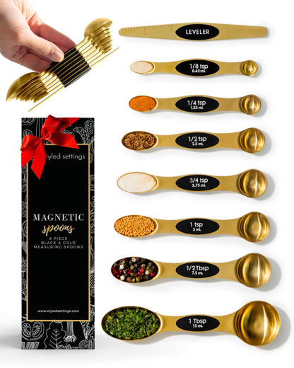 Magnetic Measuring Spoons Set – Stainless Steel Gold Measuring Spoons for Cooking and Baking – Cute and Durable Gold Kitchen Accessories - Great for Gifting