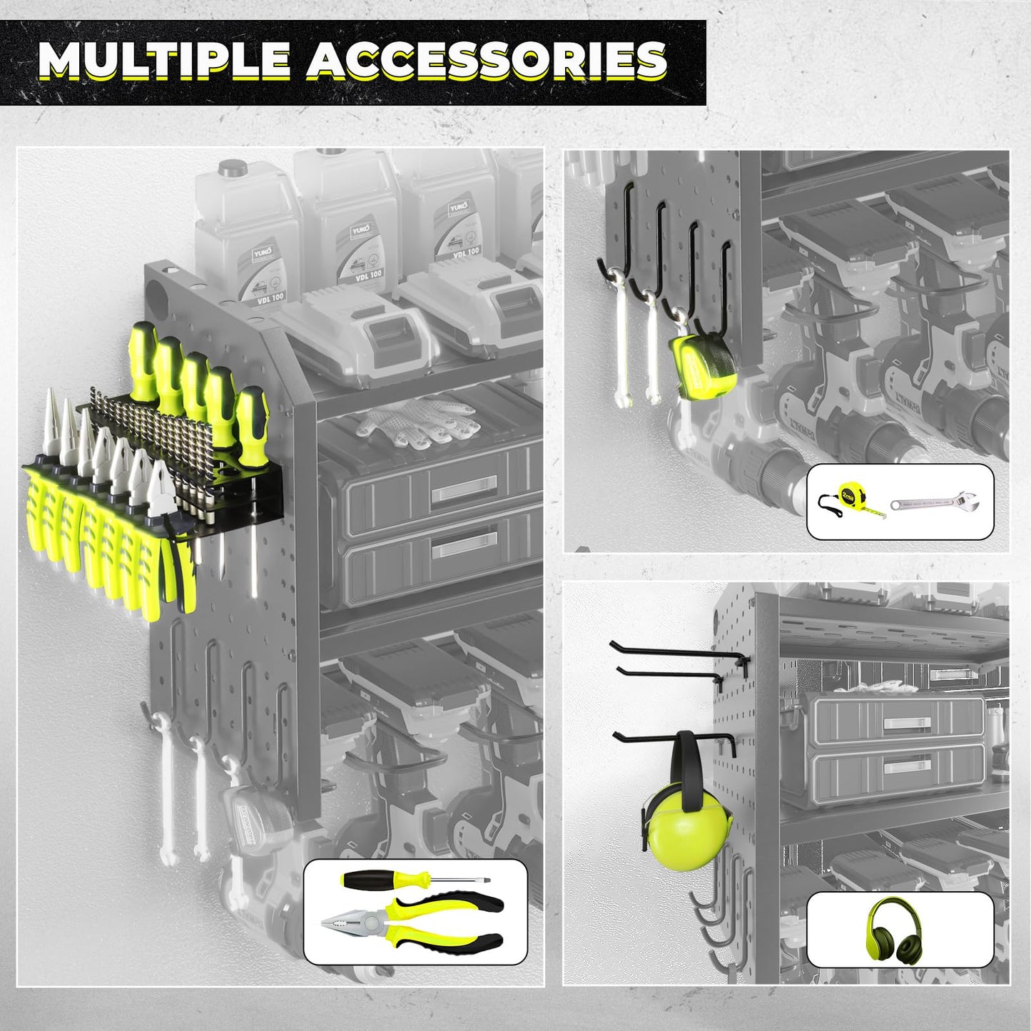 KAFAHOM Power Tool Organizer with Charging Station, Built in 8 Outlet Power Strip,Large 8 Drill Holder Wall Mount, Heavy Duty Metal Power Tool Storage Rack Tool Shelf for Garage Organization Black