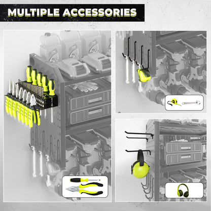KAFAHOM Power Tool Organizer with Charging Station, Built in 8 Outlet Power Strip,Large 8 Drill Holder Wall Mount, Heavy Duty Metal Power Tool Storage Rack Tool Shelf for Garage Organization Black