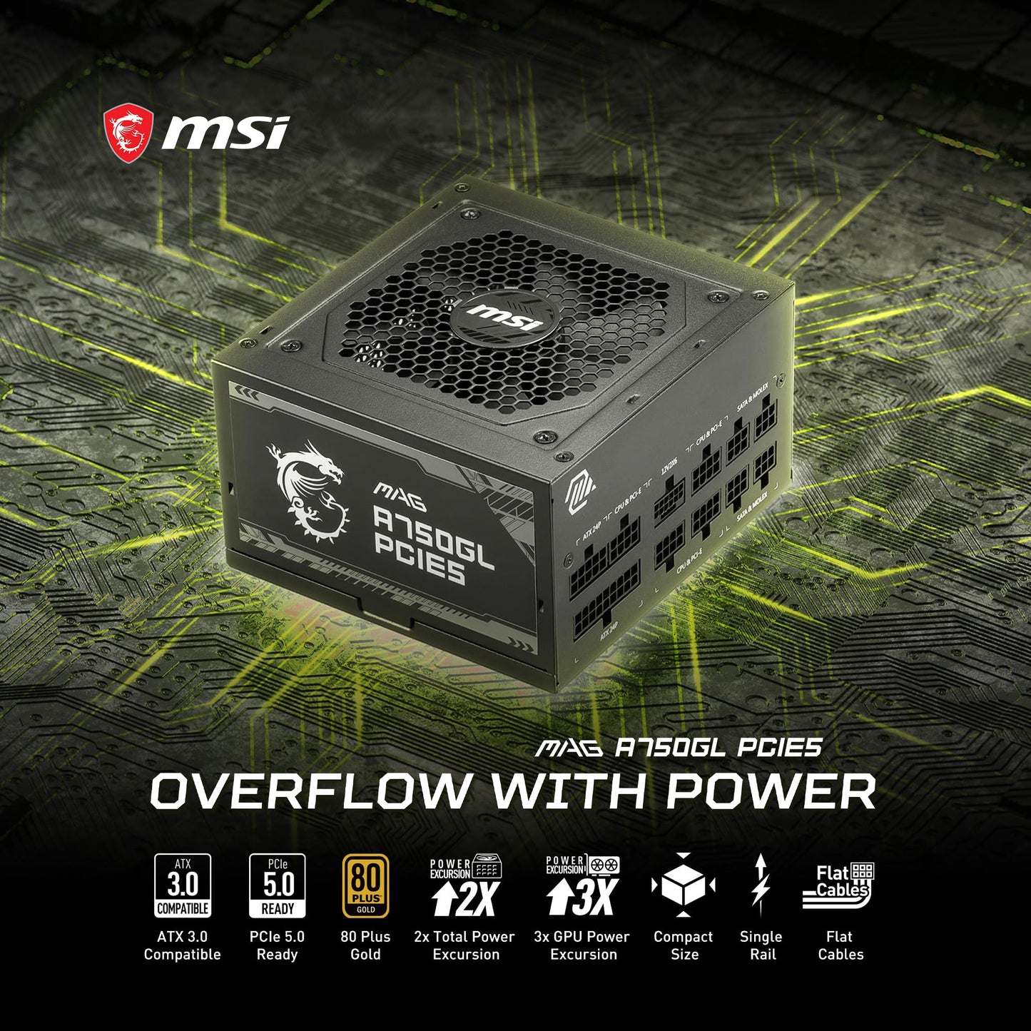 MSI MAG A750GL PCIE 5.1 & ATX 3.1 Gaming Power Supply - Full Modular - 80 Plus Gold Certified 750W - Compact Size - ATX PSU - 10 Year Warranty