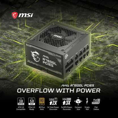 MSI MAG A750GL PCIE 5.1 & ATX 3.1 Gaming Power Supply - Full Modular - 80 Plus Gold Certified 750W - Compact Size - ATX PSU - 10 Year Warranty