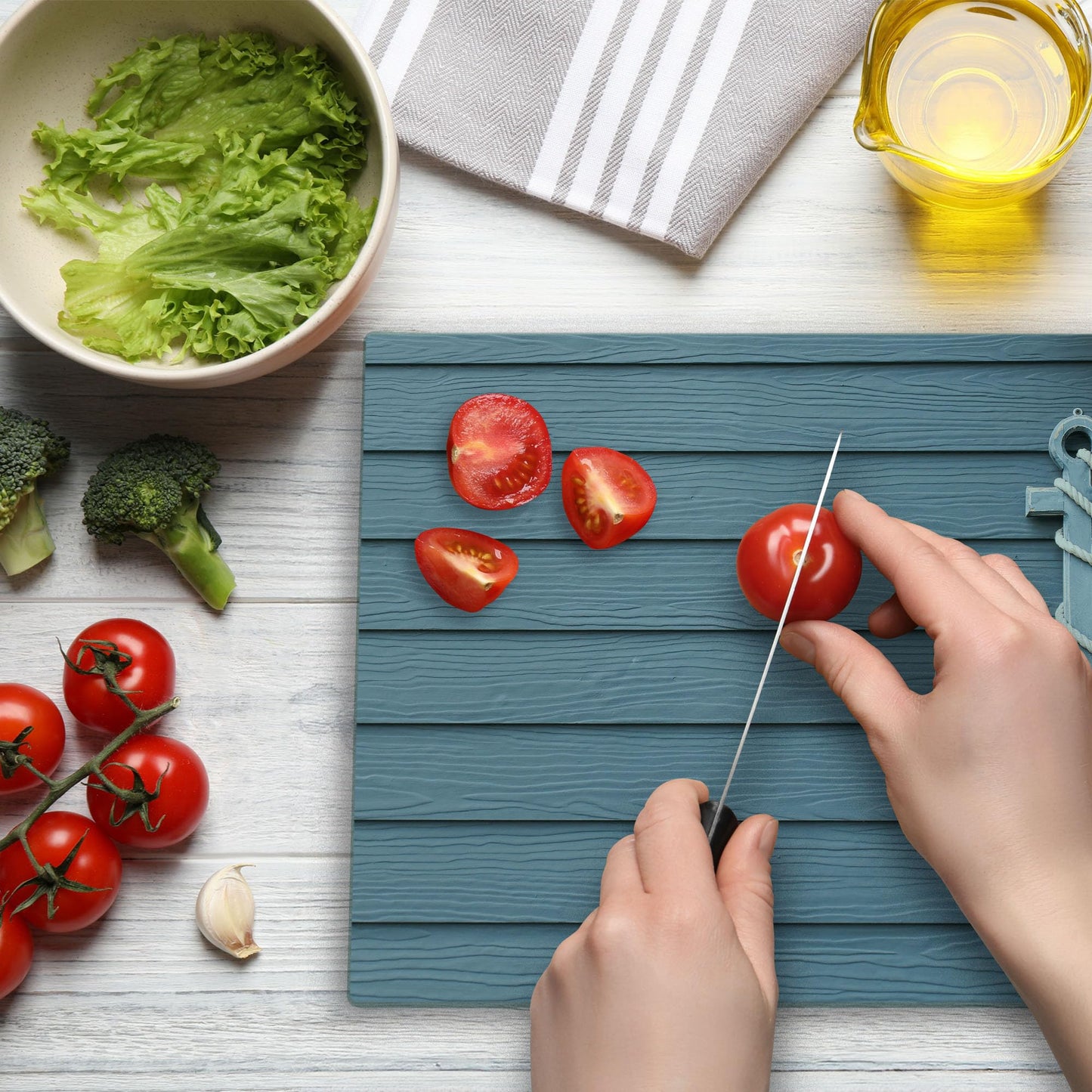 Lunarable Nautical Cutting Board, Anchor with Marine on Wood Background Sea Ocean Life Coast Cruise Theme, Decorative Tempered Glass Cutting and Serving Board, Large Size, Slate Blue
