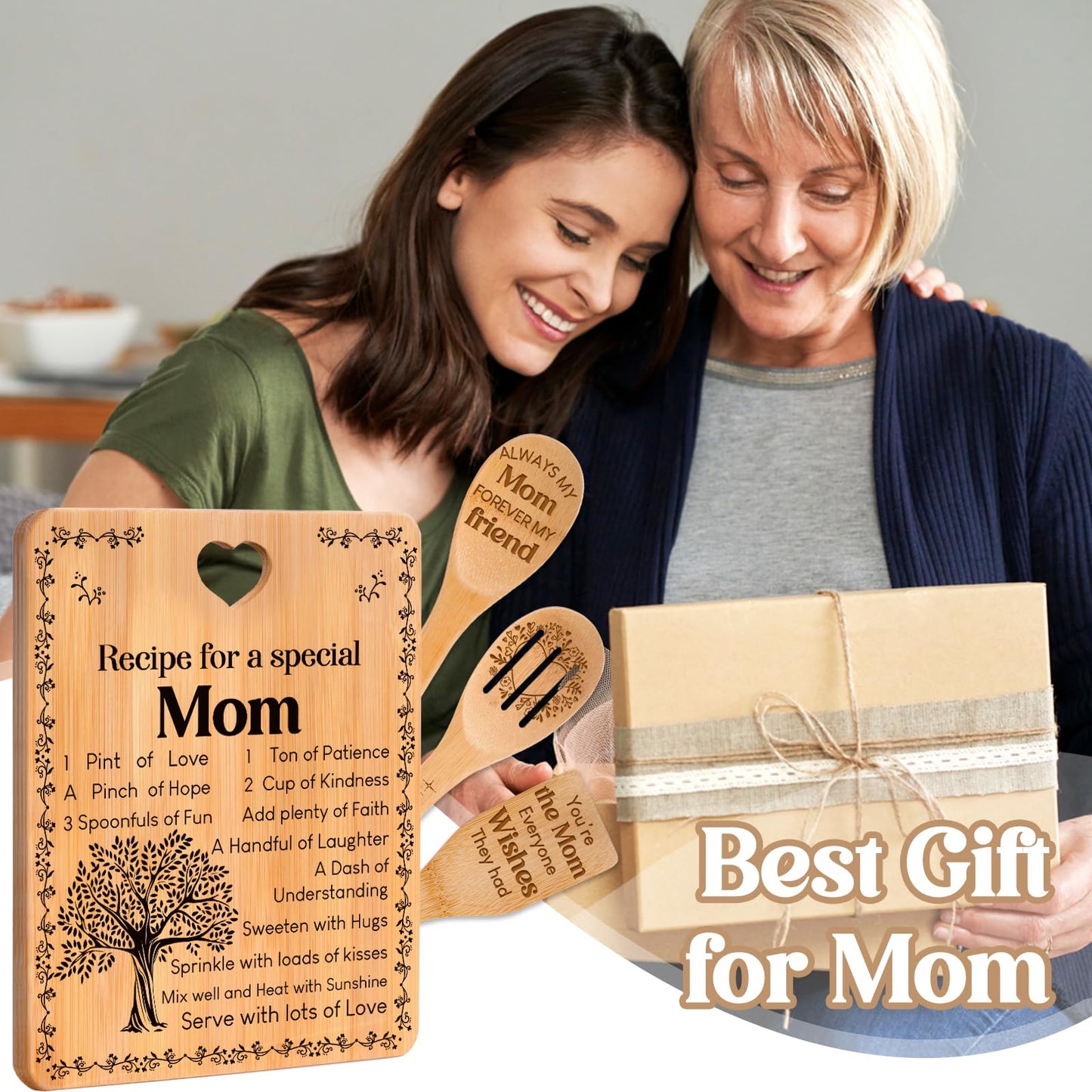 Mom Birthday Gifts - "Recipe for a Special Mom" Gifts for Mom Cutting Board Set, Bamboo-Made Engraved Utensil Set Birthday Presents for Mom