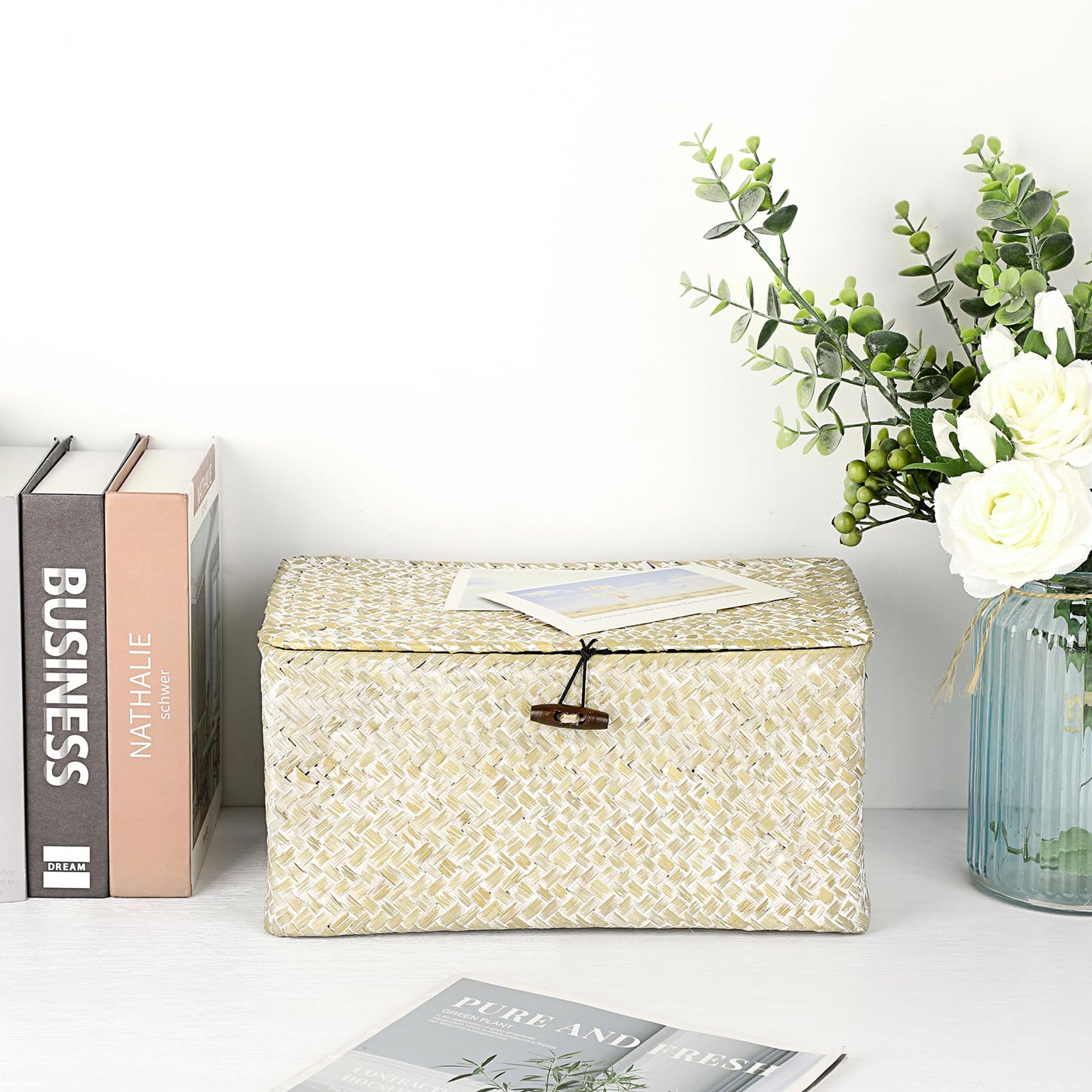 Hipiwe Seagrass Storage Basket Bins with Lid, Handwoven Wicker Shelf Baskets Bin Rectangular Household Basket Organizer Boxes for Shelf Closet Bedroom Home Decor, Whitewash Medium