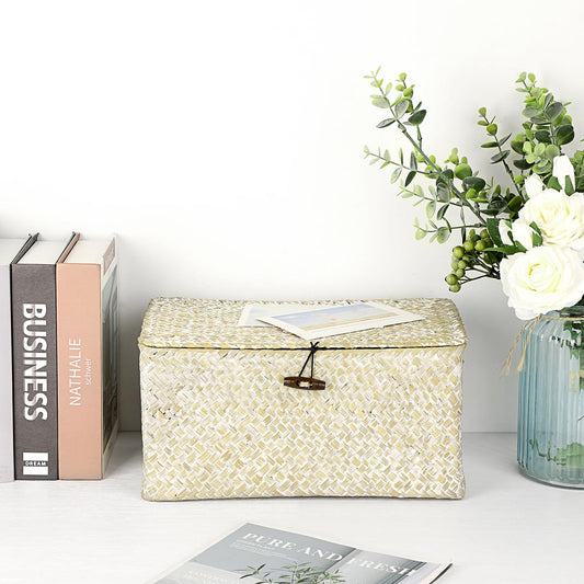 Hipiwe Seagrass Storage Basket Bins with Lid, Handwoven Wicker Shelf Baskets Bin Rectangular Household Basket Organizer Boxes for Shelf Closet Bedroom Home Decor, Whitewash Medium