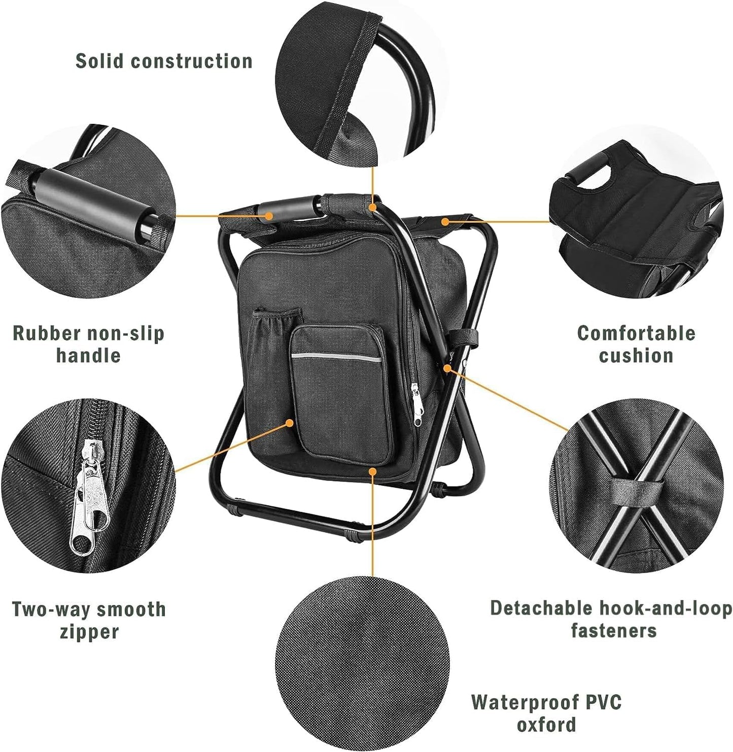 Kikerike Backpack Stool Cooler Chair Heavy Duty 400 LBS Max Load Portable Lightweight Folding Fishing Cooler for Camping Hunting Fishing - Black