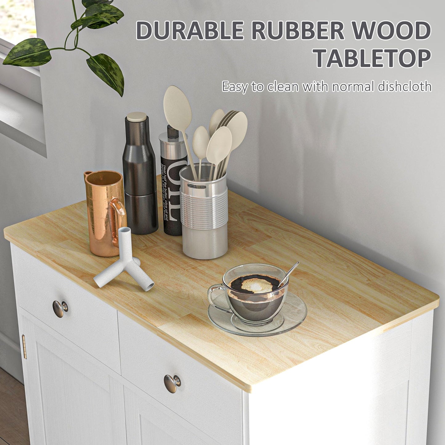 HOMCOM Sideboard with Solid Wood Countertop, Modern Kitchen Storage Cabinet, Coffee Bar Cabinet with 2 Drawers, Doors and Adjustable Shelf, Distressed White