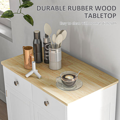 HOMCOM Sideboard with Solid Wood Countertop, Modern Kitchen Storage Cabinet, Coffee Bar Cabinet with 2 Drawers, Doors and Adjustable Shelf, Distressed White