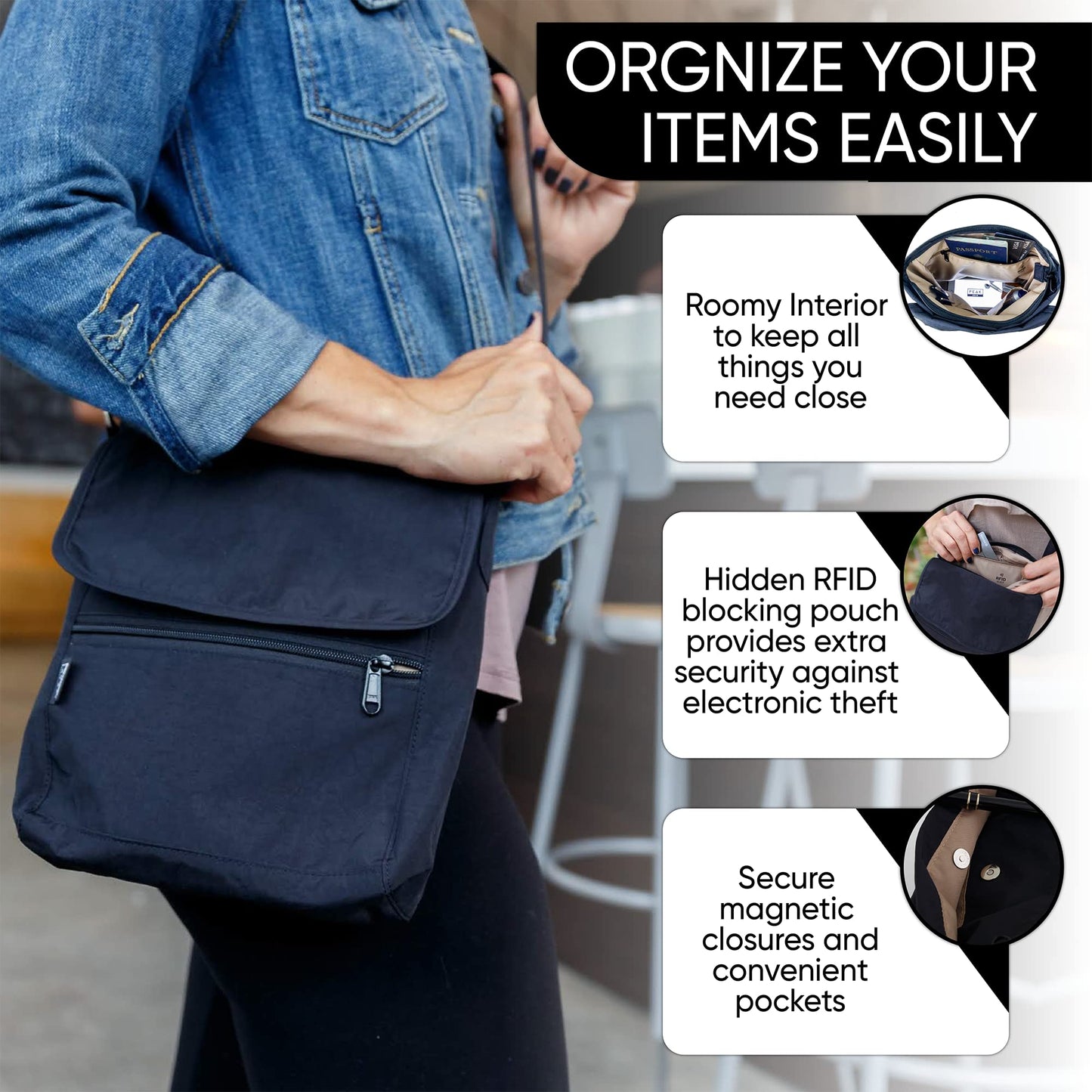 Peak Gear Crossbody Travel Purse with RFID Blocking Pocket and Lifetime Recovery Service. Versatile and Stylish Nylon Shoulder Bag | Black