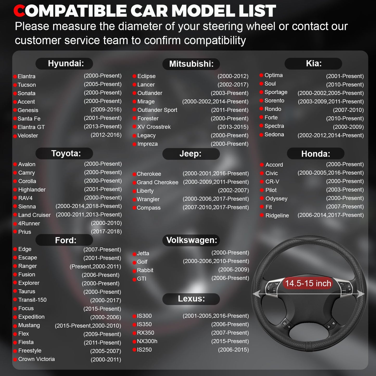 Ouzorp Car Steering Wheel Cover, Microfiber Leather Steering Wheel Covers with Anti-Slip Lining, Universal 14.5-15 inchs Black