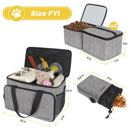 6 Set Dog Travel Bag, Large Pet Travel Kit for Supplies Includes 2 Food Containers, 1 Travel Organizer for Dogs, 2 Collapsible Bowls, 1 Treat Pouch, Dog Weekend Overnight Travel Bag Luggage
