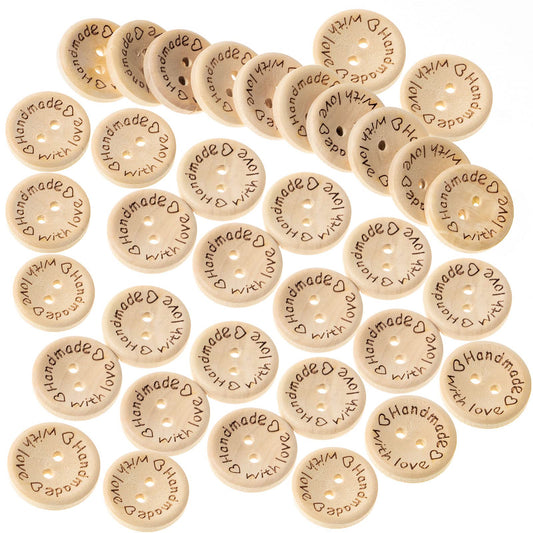 NUOMI 100Pcs Cute Wooden Craft Buttons 2 Holes 'Handmade with Love' Tags Labels for Sewing Clothing Accessories, DIY Crafting Projects Decorations 20mm