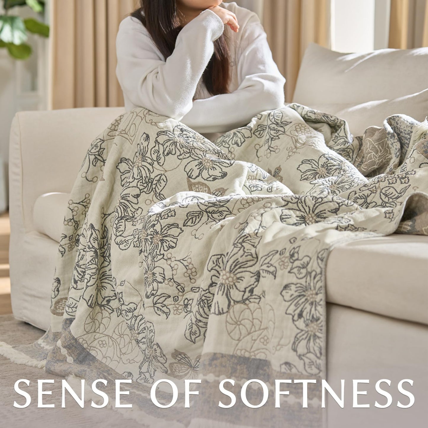 jinchan Boho Floral 100% Cotton Blanket 4-Layer Throw Blanket with Tassel Grey and White Flower Butterfly Soft Luxury Rustic Farmhouse Decor Blanket for Couch Bed 60x80 inch All Season Gift for Women