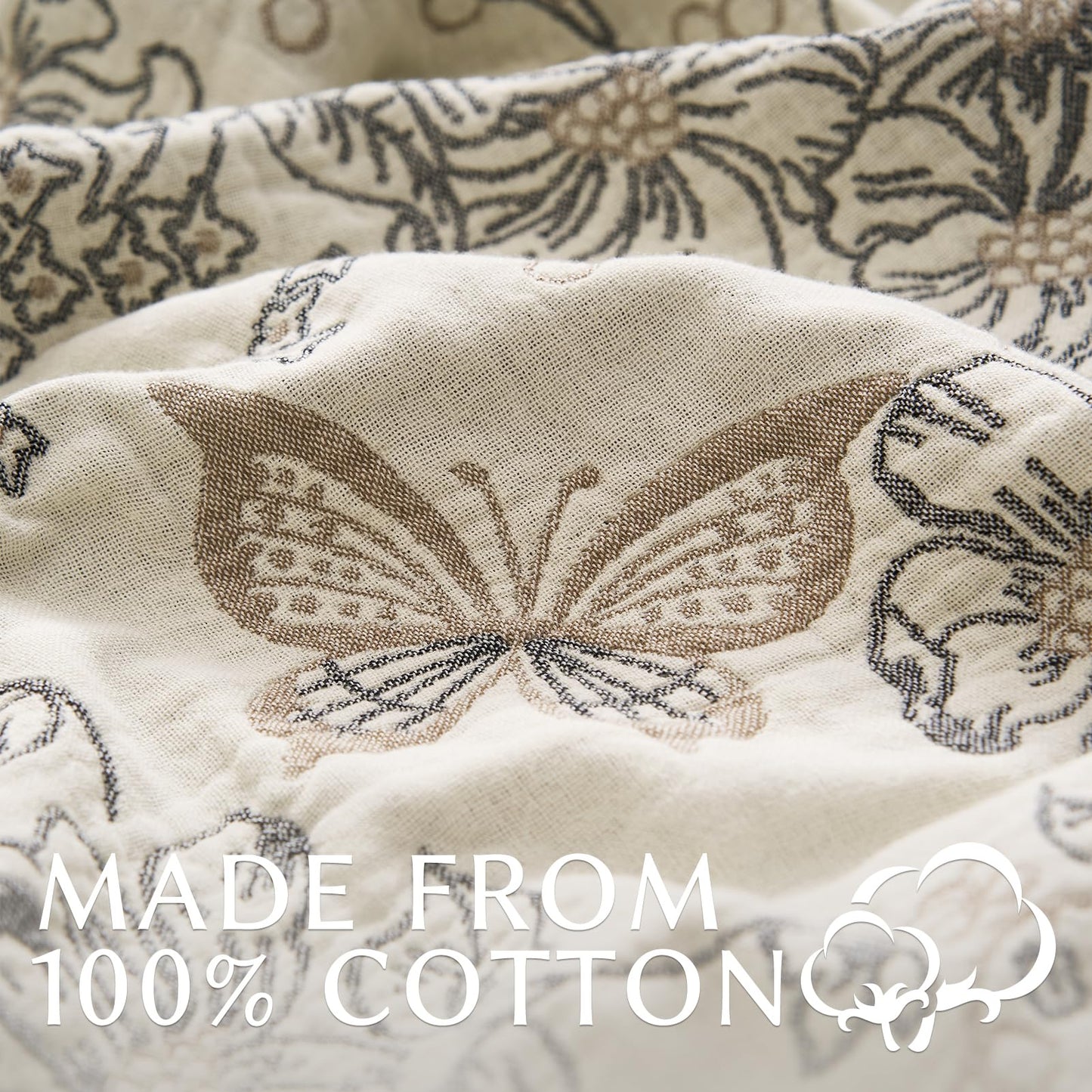 jinchan Boho Floral 100% Cotton Blanket 4-Layer Throw Blanket with Tassel Grey and White Flower Butterfly Soft Luxury Rustic Farmhouse Decor Blanket for Couch Bed 60x80 inch All Season Gift for Women