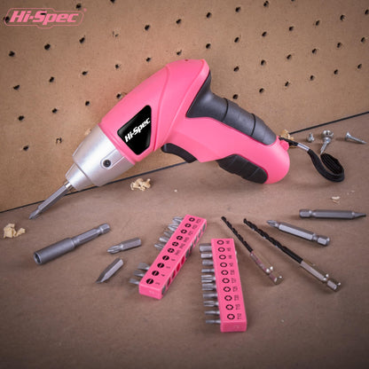 Hi-Spec Electric Screwdriver 27pc 3.6V Pink USB Small Power Screwdriver Set. Cordless & Rechargeable with Driver Bit Set