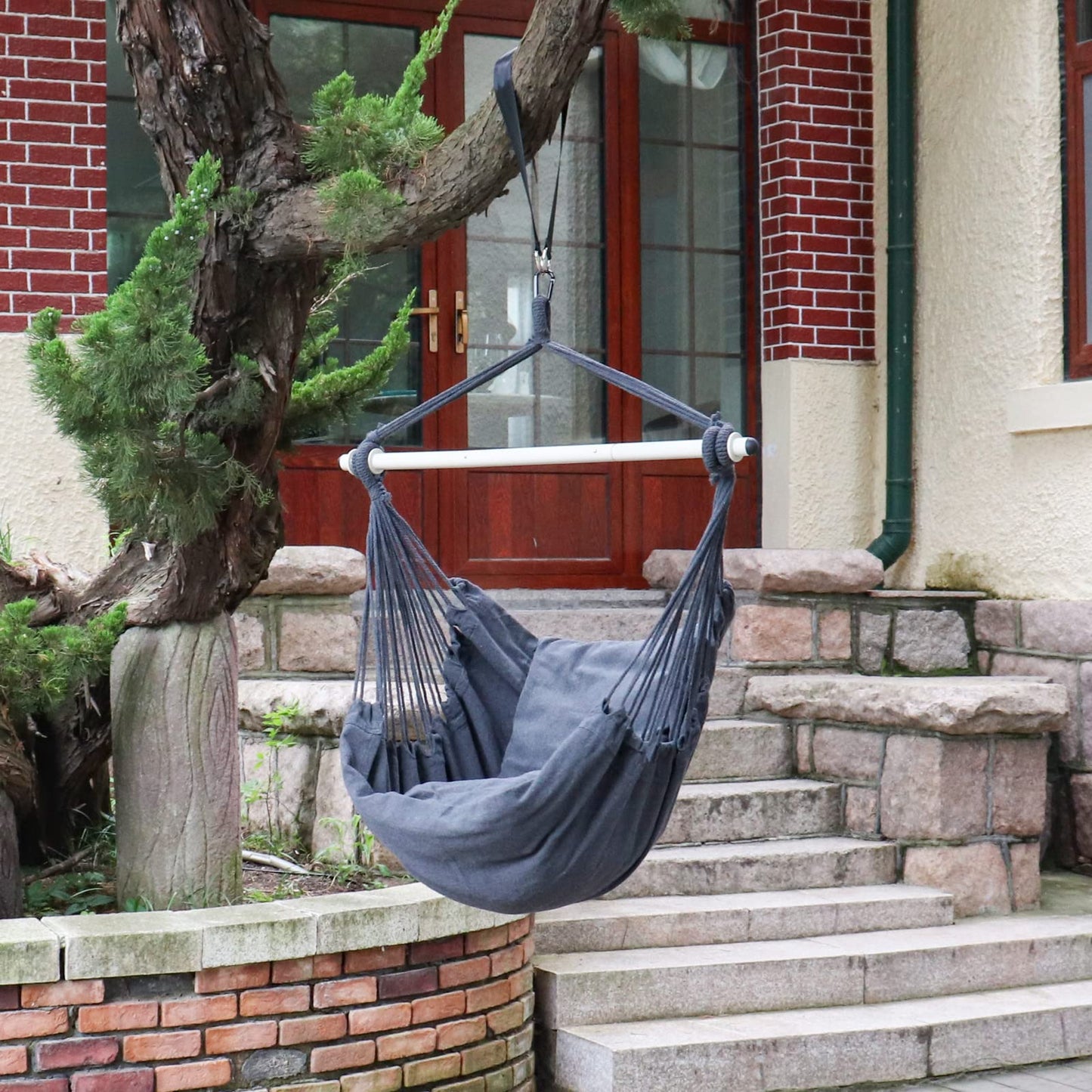 Highwild Hammock Chair Hanging Rope Swing - Max 500 Lbs - 2 Cushions Included - Steel Spreader Bar with Anti-Slip Rings - for Any Indoor or Outdoor Spaces (Grey)