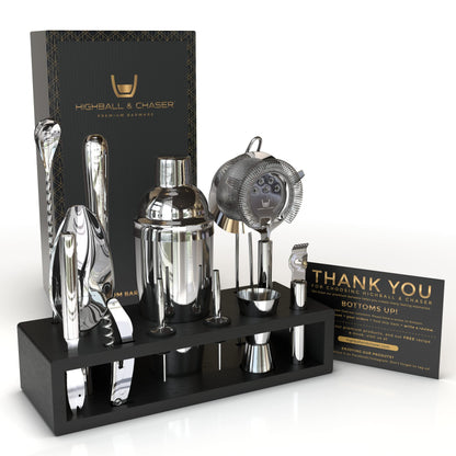Highball & Chaser 13-Piece Cobbler Cocktail Shaker Set Stainless Steel Mixology Bartender Kit With Stand For Home Bar Cocktail Set | Laser Engraved Cocktail Tools | Plus Ebook with 30 Cocktail Recipes