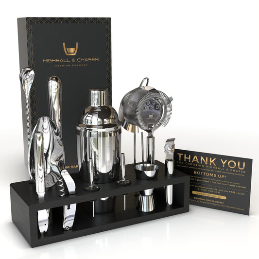 Highball & Chaser 13-Piece Cobbler Cocktail Shaker Set Stainless Steel Mixology Bartender Kit With Stand For Home Bar Cocktail Set | Laser Engraved Cocktail Tools | Plus Ebook with 30 Cocktail Recipes