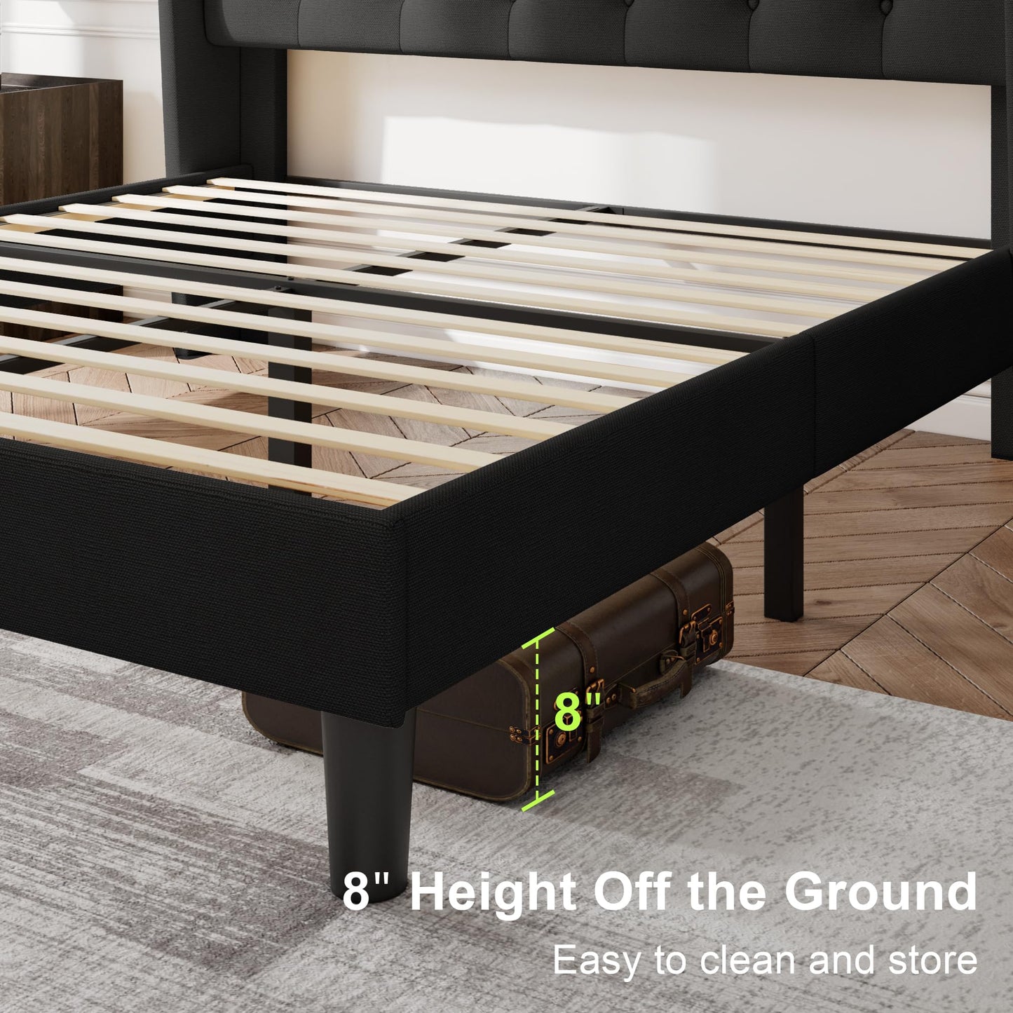 Feonase Queen Bed Frame with Upholstered Wingback Headboard, Platform Bed and Heavy Duty Wooden Slats Support, Easy Assembly, Noise-Free, No Box Spring Needed, Black