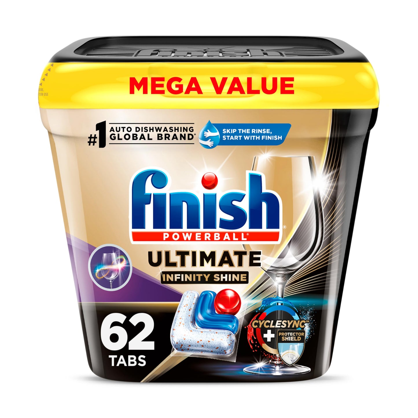 Finish Ultimate Infinity Shine Dishwasher Pods, No Pre-Rinse Dishwasher Detergent Soap Removes Burnt-On Stain, with Protector Shield & CycleSync Technology, Degreasing & Scrubbing Power, 62 Count