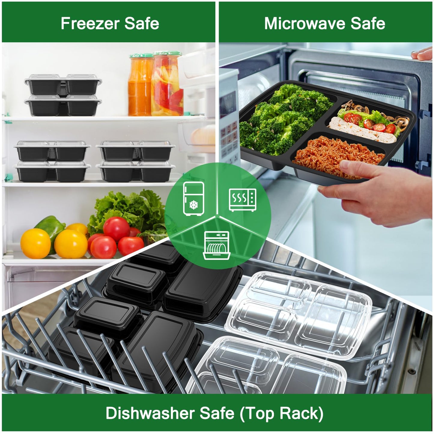 50 Pack (100-Piece) 32 oz Meal Prep Containers Reusable with Lids 3-Compartment, To Go Take Out Plastic Food Storage Containers, Sturdy Leakproof Food Safe, Microwave Freezer Dishwasher Safe, Black