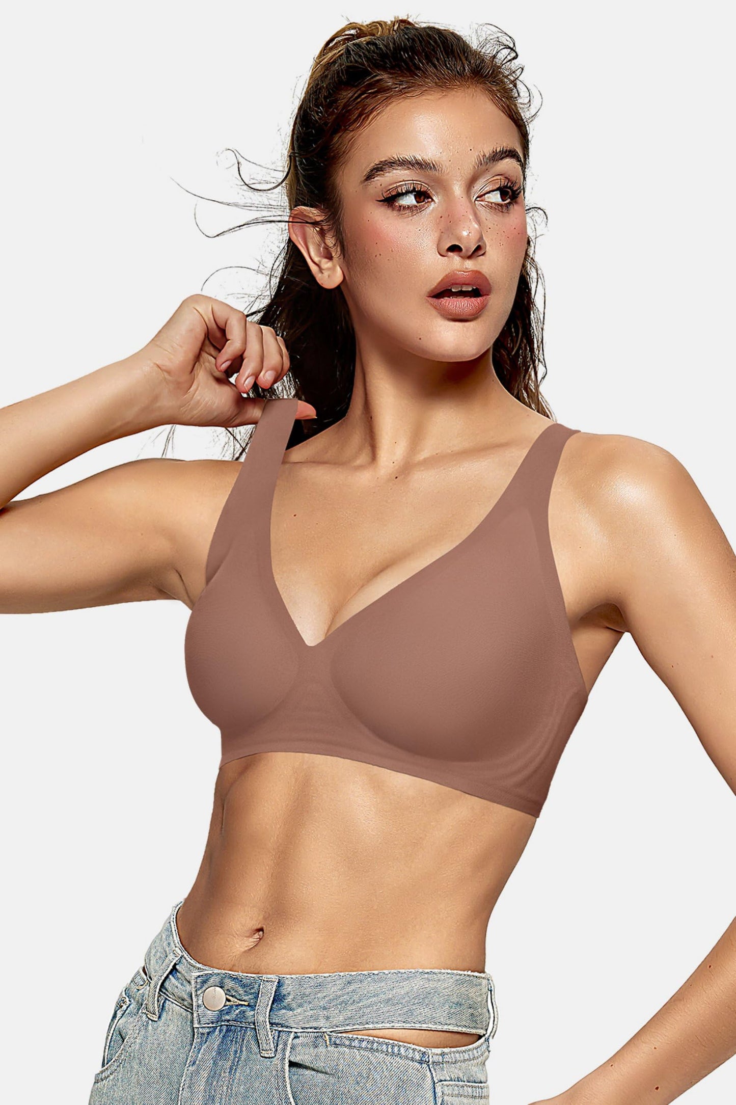 OEAK Womens Deep V Bras Wireless Comfortable Bra Supportive No Underwire Bras Tshirt Push Up Bralettes Plunge Seamless Bra Coffee X-Large