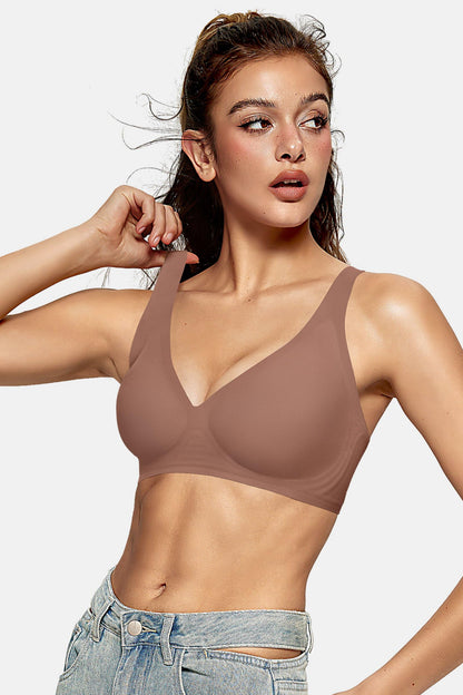 OEAK Womens Deep V Bras Wireless Comfortable Bra Supportive No Underwire Bras Tshirt Push Up Bralettes Plunge Seamless Bra Coffee X-Large