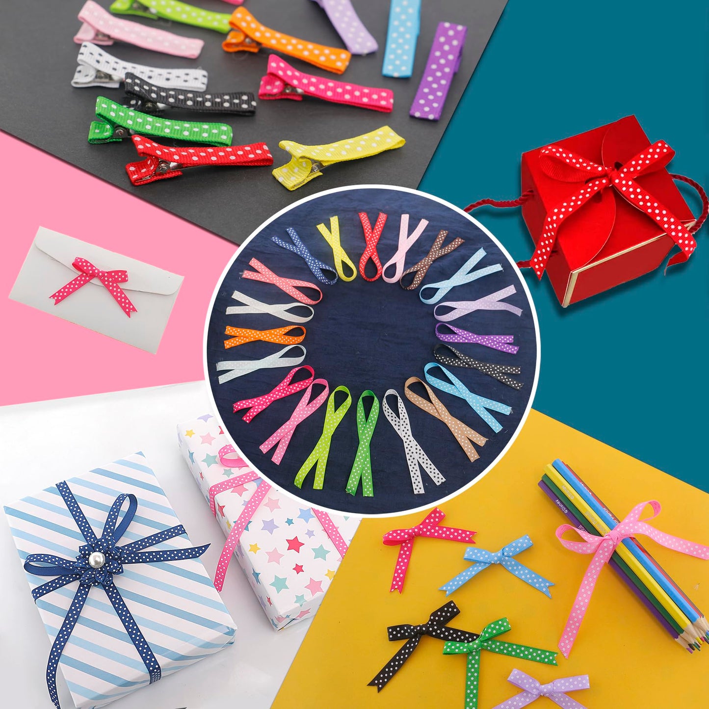 QingHan Grosgrain Ribbons for Crafts Gifts Wrapping 3/8" Boutique Polka Dot Fabric Ribbon 40yd (20 x 2yd)