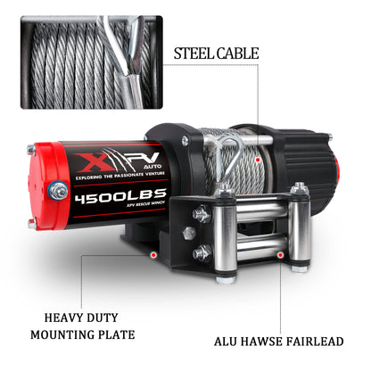 XPV AUTO 12V 4500LBS Steel Rope Electric Winch for Towing ATV/UTV Off Road with Wireless Remote Control Mounting Bracket IP67 Waterproof Electric Winch with 4-Way Roller Fairlead