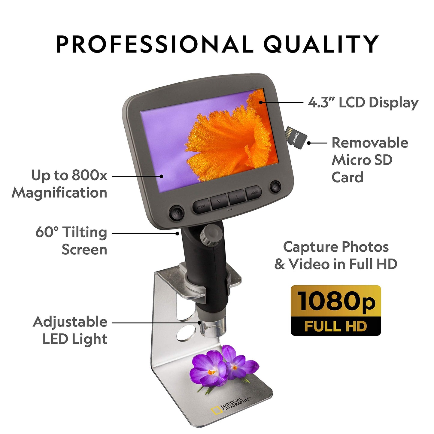 National Geographic Digital Microscope for Kids – 40-Piece Handheld Microscope, Lightweight, Portable, Capture 1080p Photos & Video on Micro SD Card, Tilting 4.3-Inch LCD Screen, 800x Magnification