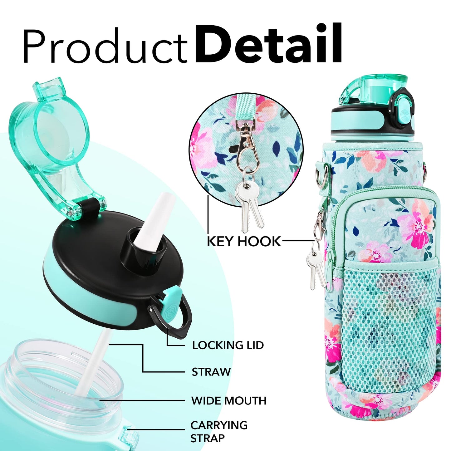 Newfad 32 oz Water Bottles with Straw & Strap, Motivational with Times to Drink, BPA Free Reusable Sports Water Bottle with Sleeve for Hiking, Travel, Running or Fitness (Spring Bouquet)