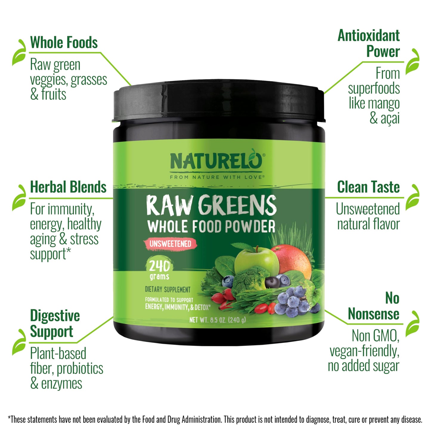 NATURELO Raw Greens Superfood Powder - Unsweetened - Boost Energy, Detox, Enhance Health - Organic Spirulina - Wheat Grass - Whole Food Nutrition from Fruits & Vegetables - 240 Grams